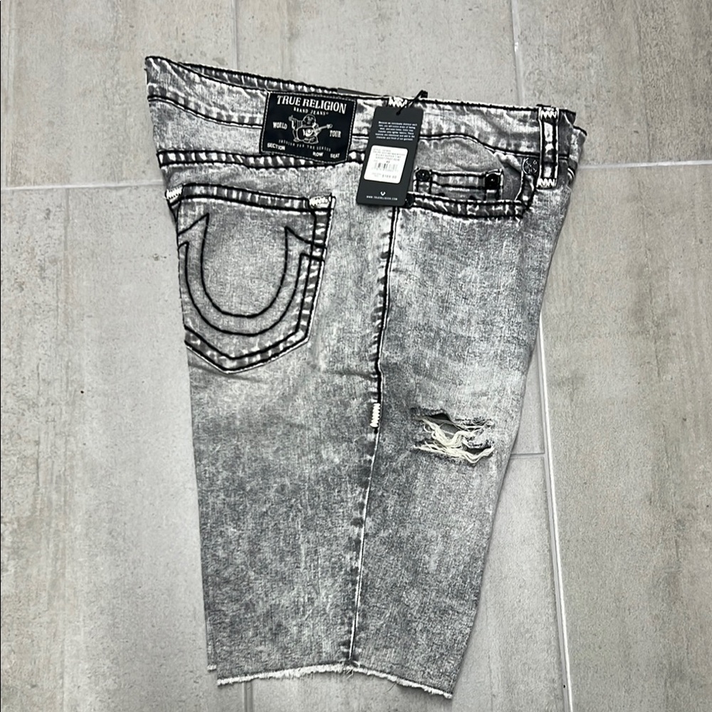 True Religion Black and Gray Distressed Denim Shorts